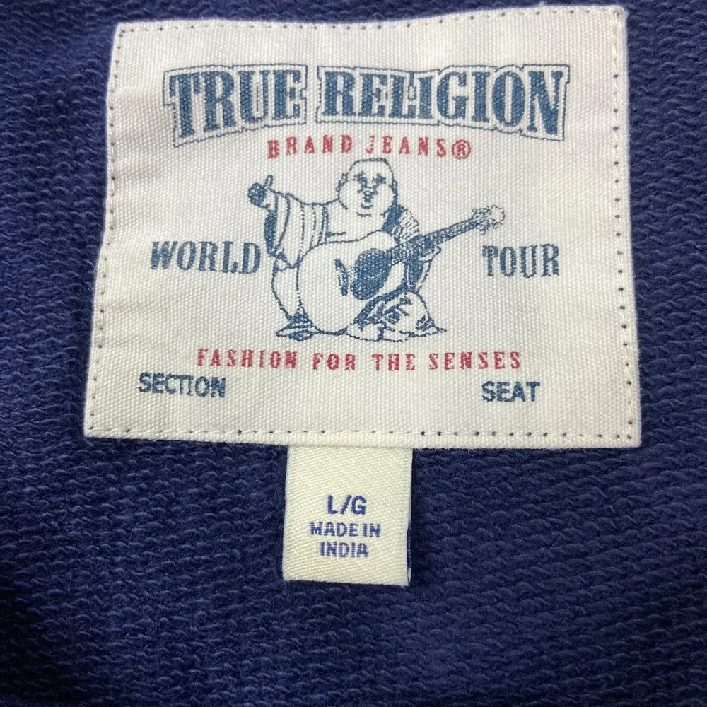 True Religion‎ Sweatshirt Sz Large Blue Cotton Spell Out Logo Terry Knit Ribbed